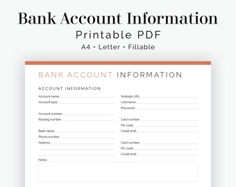 Bank Account Information - Fillable - Printable PDF - Finance Planner - Business Planner - Instant Download