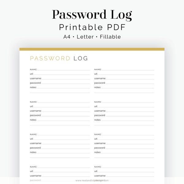 Password Log - 2 layouts - Printable, Fillable PDF - Password Tracker, Password List, Password Organiser - Instant Download
