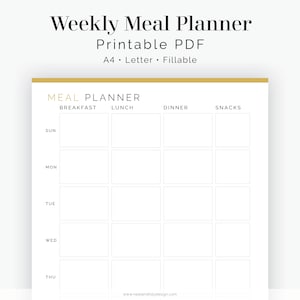 Weekly Meal Planner (Sunday or Monday start) - Fillable - Printable PDF - Meal Planning, Menu Plan - Household Binder - Instant Download