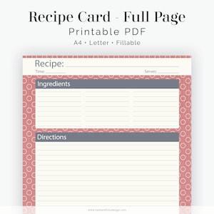 Recipe Card, Full Page - Fillable - Instant Download - Printable PDF - Etsy