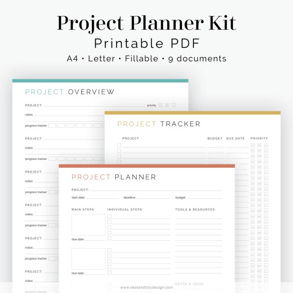 Project Planner Kit (9 documents) - Fillable - Printable PDF - Task Management, Productivity Planner Bundle - Instant Download