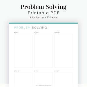Może przedstawiać: Drukowana karta pracy do rozwiązywania problemów z nagłówkami "Kto?", "Co?", "Gdzie?", "Kiedy?", "Dlaczego?" i "Jak?" na jasnoniebieskim tle.