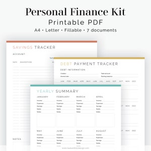 May include: A printable personal finance kit with seven documents, including a savings tracker, debt payment tracker, and yearly summary. The documents are designed in a minimalist style with a light blue and peach color scheme.