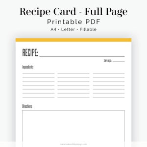 Recipe Card, Full page Fillable Recipe card, letter and A4 size Instant download Printable PDF image 1