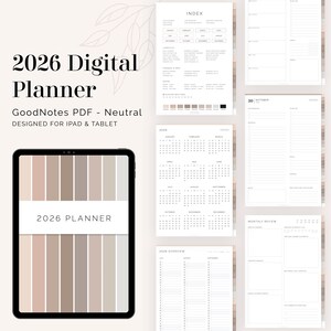 May include: A digital planner for 2026, designed for iPad and tablet use. The image shows a tablet displaying the planner's cover with a neutral color palette. Additional pages include an index, calendar, and overview, all in a minimalist design.