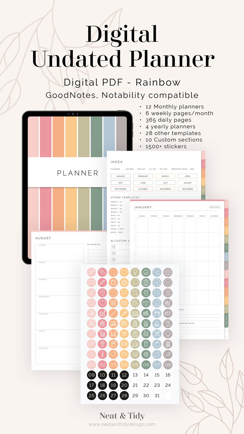 Digital Undated Planner (Rainbow) for GoodNotes | Hyperlinked, Portrait Tabbed Planner - Weekly, Daily, Monthly pages | Instant Download image 10