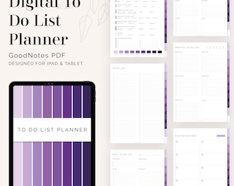 Puede incluir: Un planificador de lista de tareas digital para iPad y tableta. El planificador presenta una portada con degradado morado con el texto "To Do List Planner". El planificador incluye secciones para listas de tareas diarias, semanales, mensuales y personalizadas.