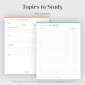 Topics to Study - 2 Layouts - Fillable - Printable PDF - Self-education ...