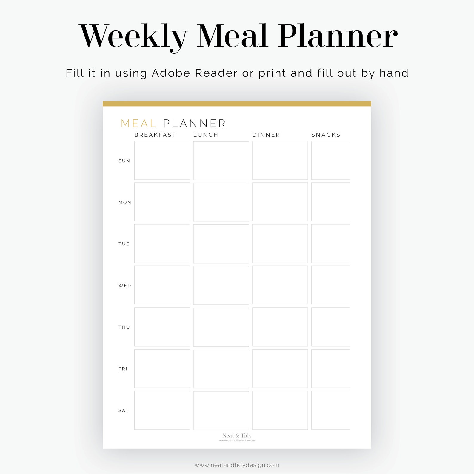 Weekly Meal Planner Sunday or Monday start Fillable | Etsy