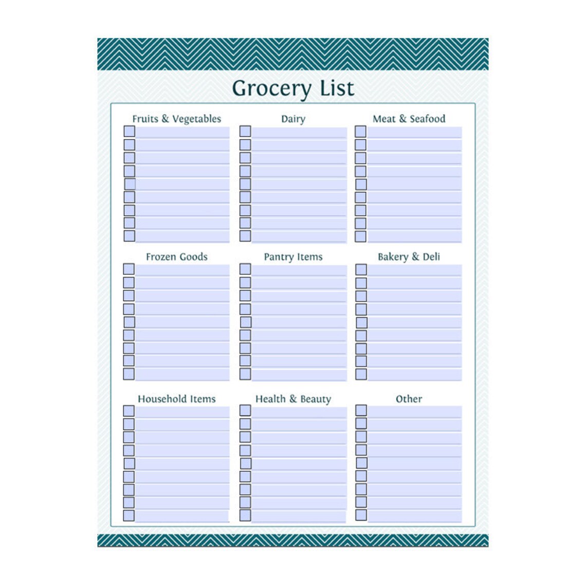 Grocery Shopping List With Categories Chevron Fillable Printable PDF