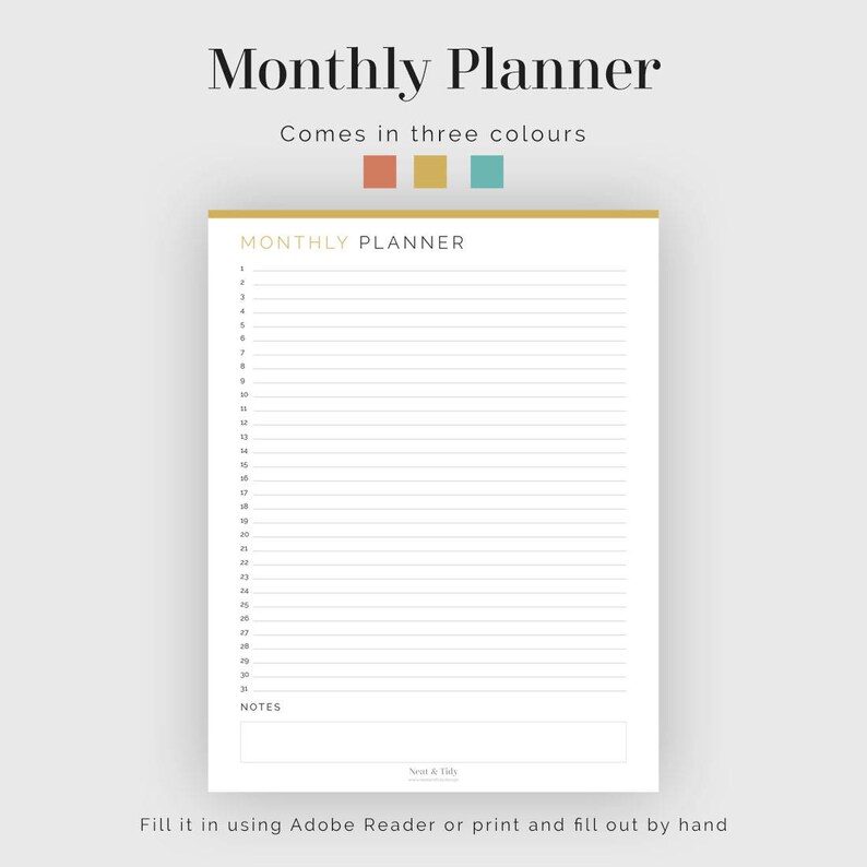 Monthly planner calendar list view fillable time management
