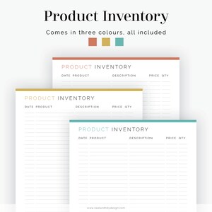 May include: Three printable product inventory sheets in different colors: coral, gold, and teal. Each sheet has columns for date, product, description, price, and quantity.