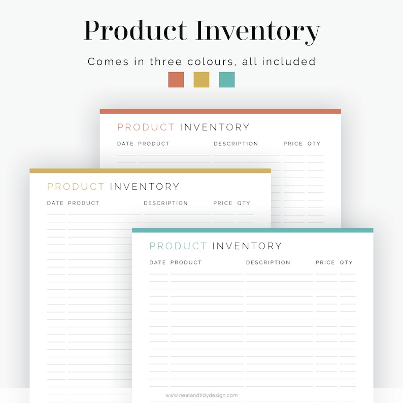 May include: Three printable product inventory sheets in different colors: coral, gold, and teal. Each sheet has columns for date, product, description, price, and quantity.