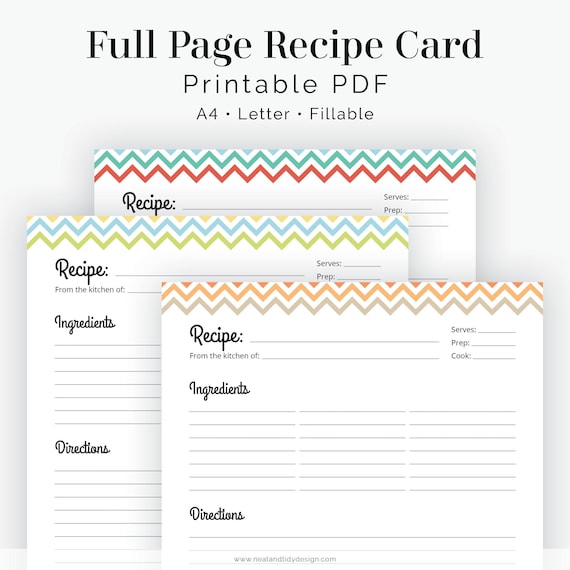 Recipe Card Full Page Colourful Chevron Fillable - Etsy