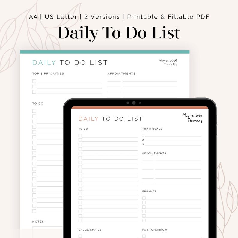 Daily to Do List (2 Versions) - Fillable & Printable PDF - Task ...