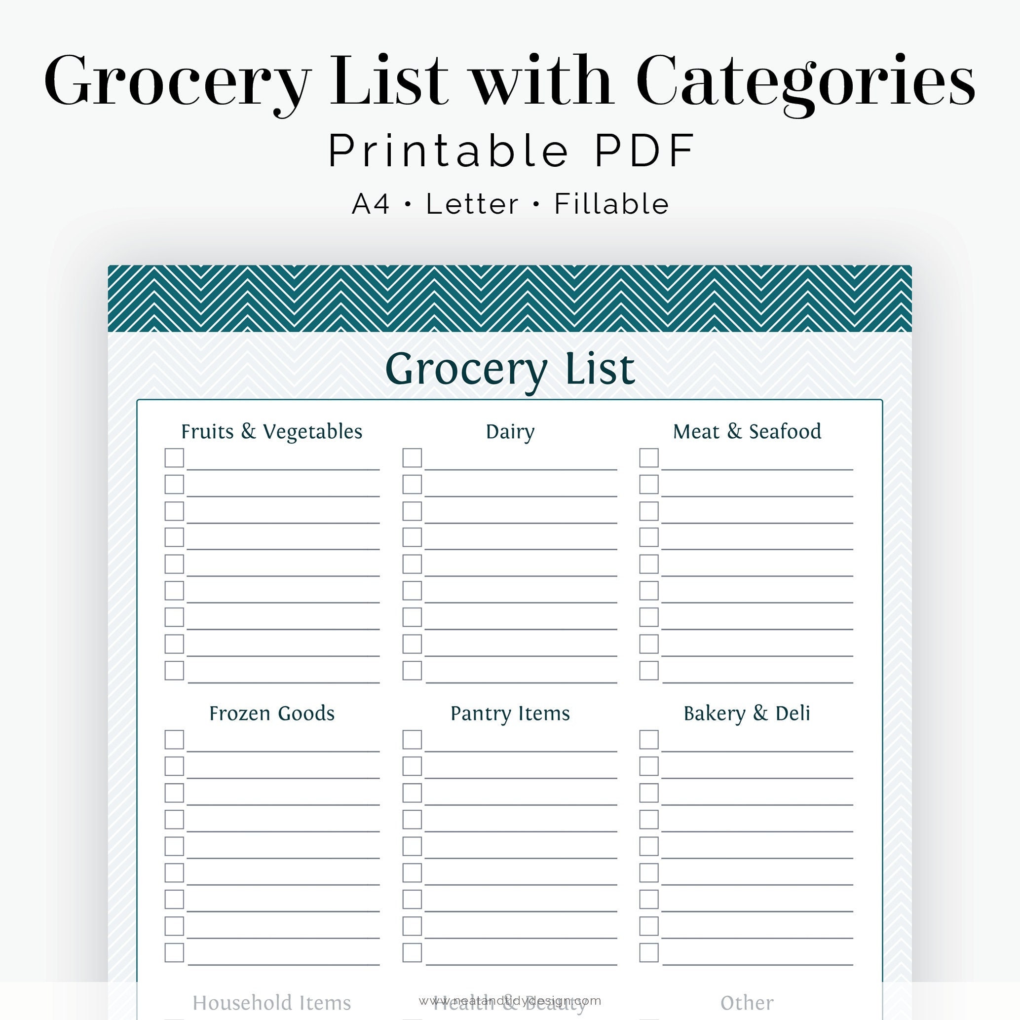 Grocery Shopping List with Categories Chevron- Fillable - Printable PDF -  Instant Download With Blank Grocery Shopping List Template