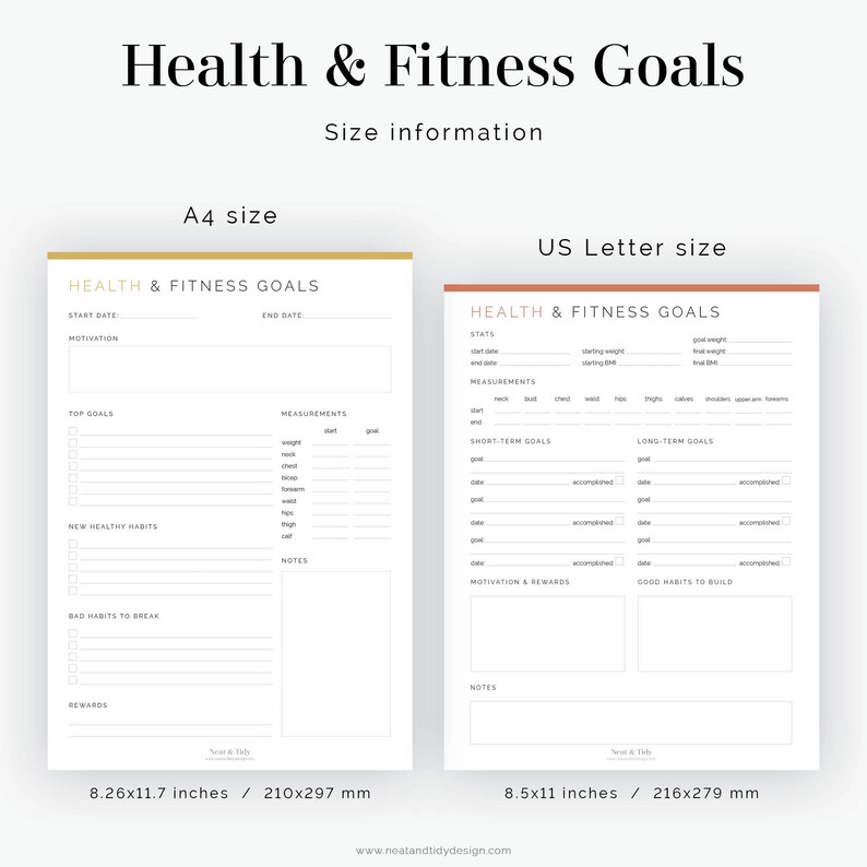 Puede incluir: Planificador de objetivos de salud y fitness imprimible en dos tama&ntilde;os: 21 x 29,7 cm (A4) y 21,6 x 27,9 cm (carta estadounidense). El planificador incluye secciones para la fecha de inicio, la fecha de finalizaci&oacute;n, la motivaci&oacute;n, los objetivos principales, las medidas, los nuevos h&aacute;bitos saludables, los malos h&aacute;bitos que se deben romper, las recompensas, los objetivos a corto plazo, los objetivos a largo plazo, la motivaci&oacute;n y las recompensas, los buenos h&aacute;bitos que se deben desarrollar y las notas.