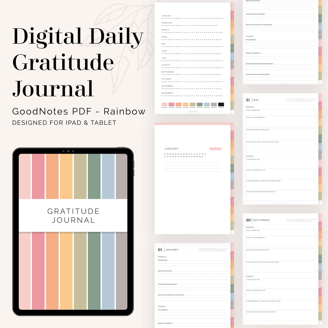 Digital Daily Gratitude Journal for Goodnotes Rainbow (portrait) - Hyperlinked Tabs - Gratitude ...