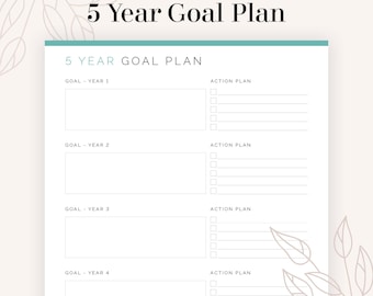 Plan de objetivos a 5 años - PDF rellenable e imprimible - Propósito de Año Nuevo - Descarga instantánea