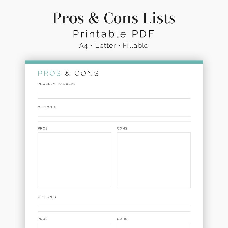 Pros and Cons Lists 2 Layouts Fillable Printable PDF Etsy UK
