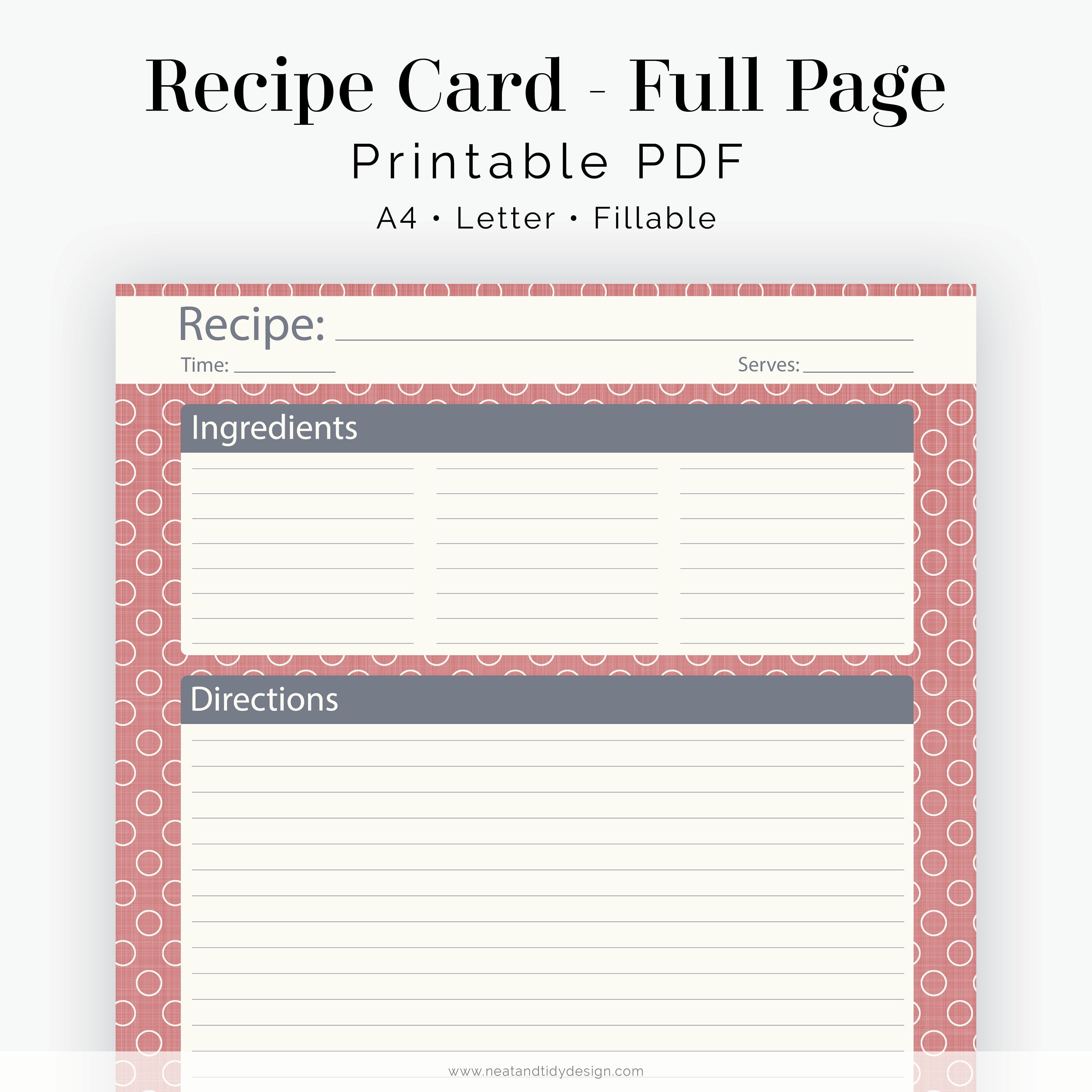 Recipe Card, Full Page - Fillable - Instant download - Printable PDF Regarding Fillable Recipe Card Template