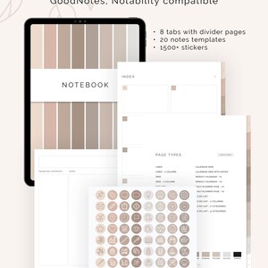 Puede incluir: Cuaderno digital con 8 pesta&ntilde;as, 20 plantillas de notas y m&aacute;s de 1500 pegatinas. El cuaderno es compatible con las aplicaciones GoodNotes y Notability. La imagen muestra la pantalla de una tableta que muestra una p&aacute;gina con una cuadr&iacute;cula de calendario, una lista de tipos de p&aacute;ginas y una selecci&oacute;n de pegatinas.