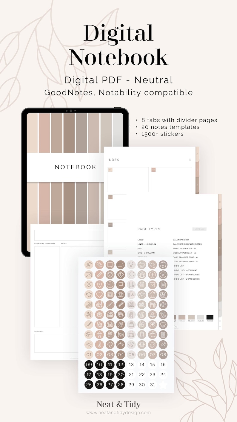 Puede incluir: Cuaderno digital con 8 pesta&ntilde;as, 20 plantillas de notas y m&aacute;s de 1500 pegatinas. El cuaderno es compatible con las aplicaciones GoodNotes y Notability. La imagen muestra la pantalla de una tableta que muestra una p&aacute;gina con una cuadr&iacute;cula de calendario, una lista de tipos de p&aacute;ginas y una selecci&oacute;n de pegatinas.