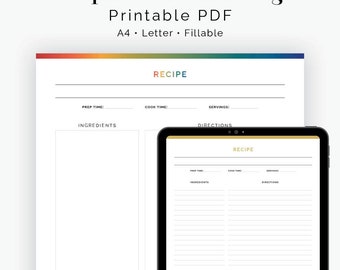 Recipe Card Full Page v14, A4 & Letter - Fillable - Printable PDF - Instant Download - Recipe Binder, Blank Recipe Page, Recipe Template PDF