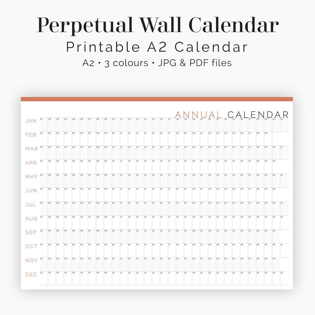 Printable Perpetual Wall Calendar A2 Printable PDF or JPG 3 Colours