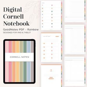 May include: Digital Cornell Notebook for iPad and tablet. The image shows a digital notebook with a rainbow-colored stripe design and the words "Cornell Notes." Additional pages with various layouts are also displayed, including index, section, and grid pages.