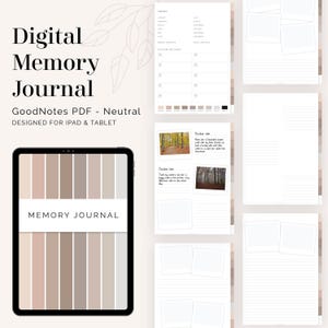 Könnte beinhalten: Digitales Memory Journal für iPad und Tablet. Das Journal hat eine neutrale Farbpalette mit Beige- und Brauntönen. Es enthält Abschnitte für Fotos und zum Schreiben von Tagebüchern.