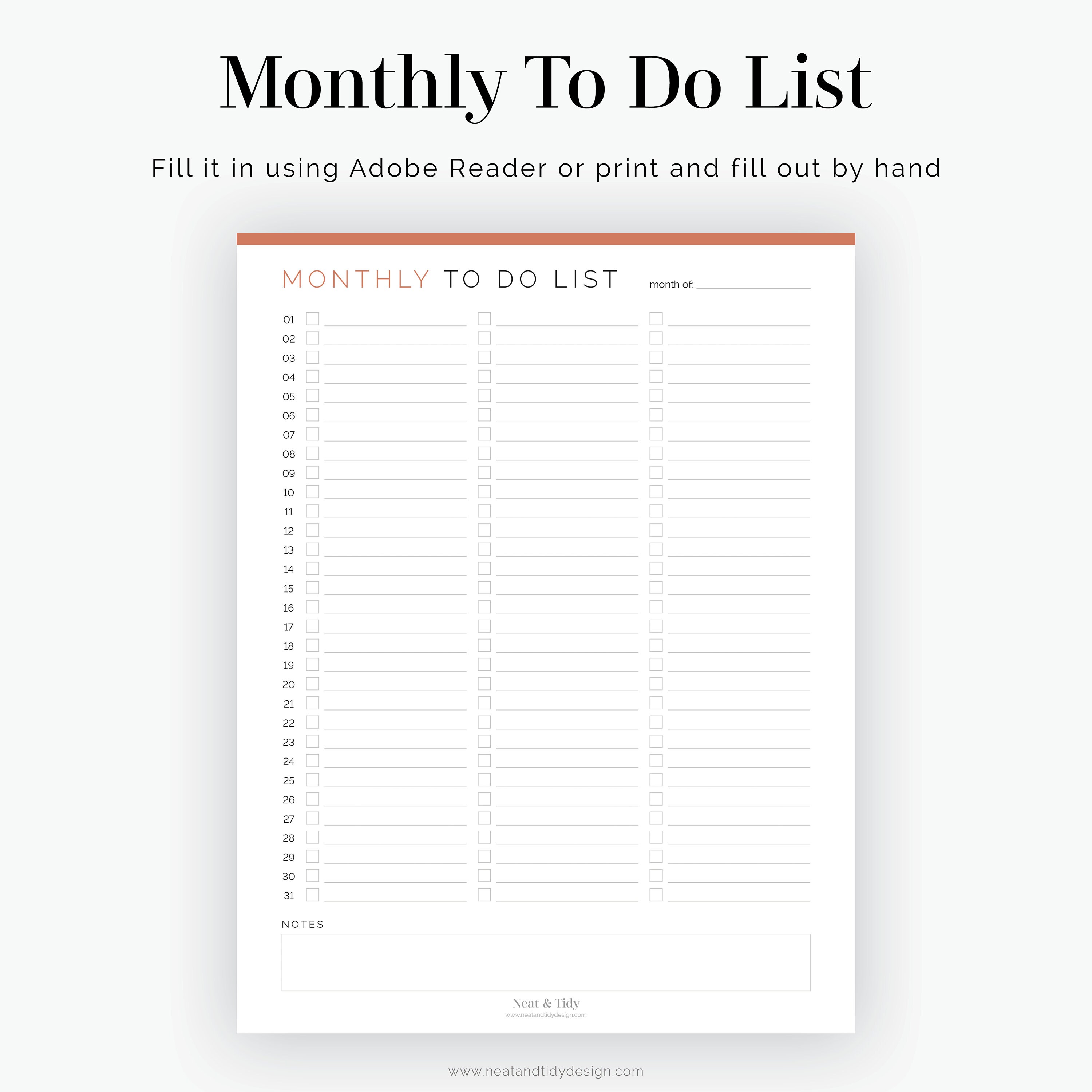 Monthly to Do List Fillable Printable PDF Task - Etsy