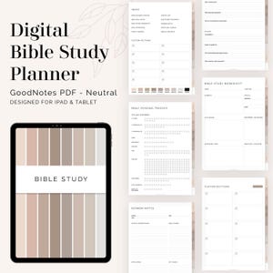 Könnte beinhalten: Ein digitaler Bibelstudienplaner, der für iPad und Tablet entwickelt wurde. Der Planer enthält Abschnitte für ein Inhaltsverzeichnis, einen Bibel-Lese-Tracker, Predigtnotizen und ein Bibelstudienblatt. Der Planer ist in einem neutralen Farbschema mit einer beige-weißen Farbpalette gehalten.
