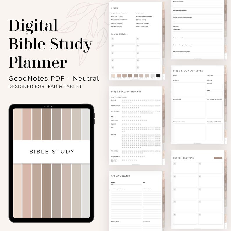 K&ouml;nnte beinhalten: Ein digitaler Bibelstudienplaner, der f&uuml;r iPad und Tablet entwickelt wurde. Der Planer enth&auml;lt Abschnitte f&uuml;r ein Inhaltsverzeichnis, einen Bibel-Lese-Tracker, Predigtnotizen und ein Bibelstudienblatt. Der Planer ist in einem neutralen Farbschema mit einer beige-wei&szlig;en Farbpalette gehalten.