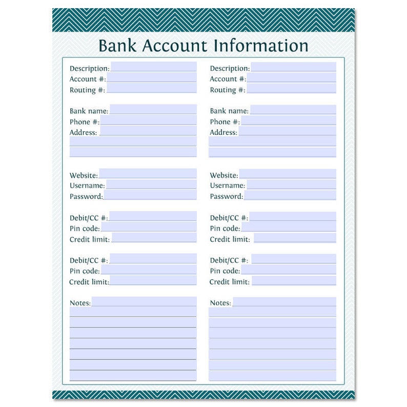 Bank Account Information Fillable Instant Download | Etsy
