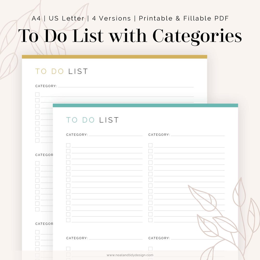 To Do List With Categories (4 Versions) - Fillable & Printable PDF ...