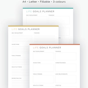 May include: Printable life goals planner in PDF format. The planner is divided into sections for self-development, finances, house/home, career/business, family/friends, love/relationships, health & fitness, lifestyle, recreation/fun, and spirituality. The planner is available in A4 and letter sizes and is fillable.