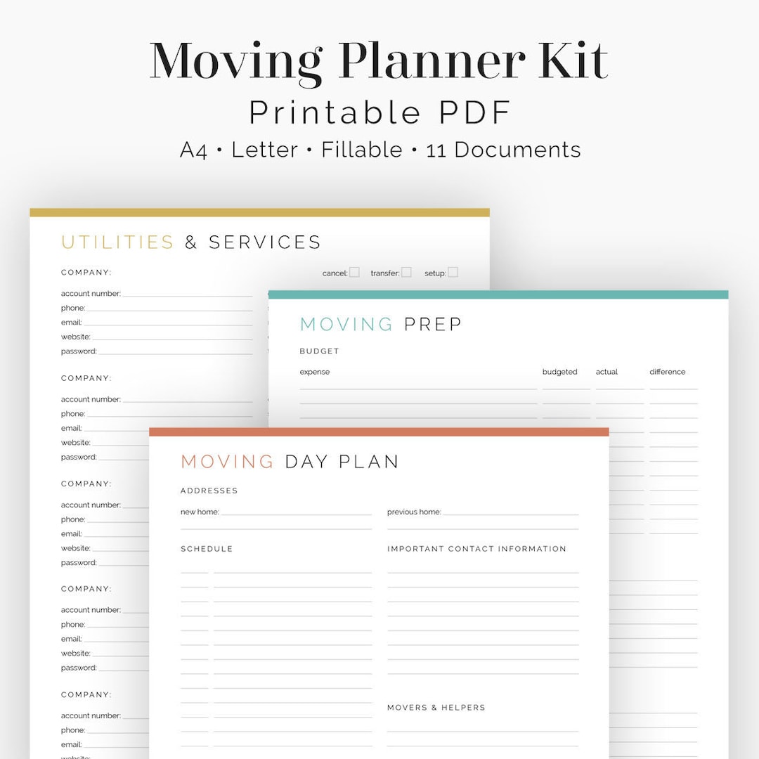 Moving Planner Kit (11 Documents) - Fillable - Printable PDF - Household Planner - Plan Your ...