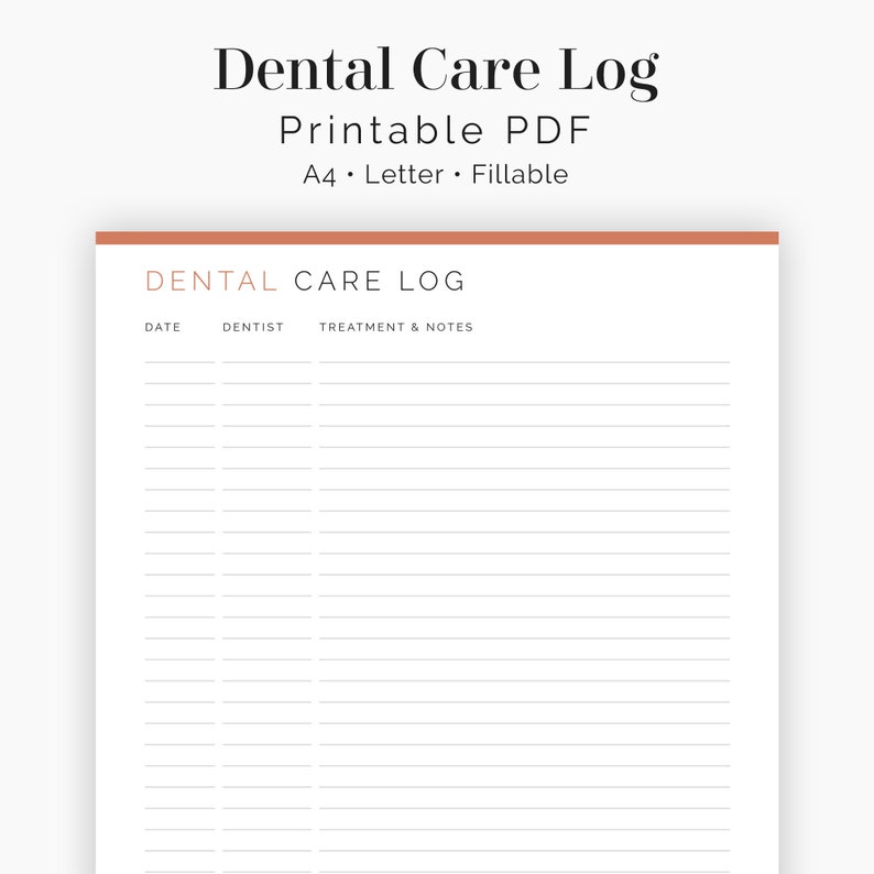 Dental Care Log Fillable Health & Medical Log, Dental Healthcare