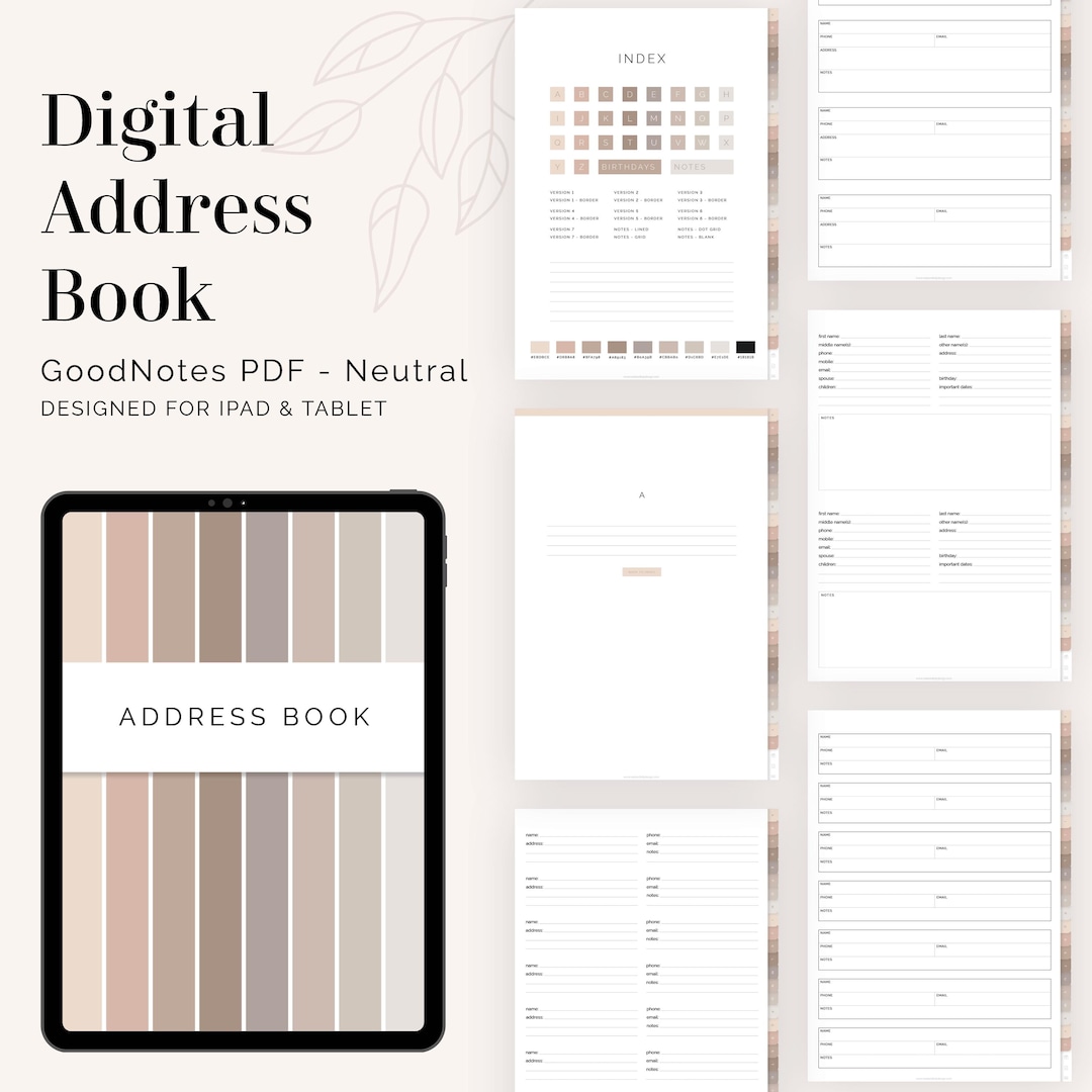 Notes Address Book Template Digital Address Book for Goodnotes & Notability (neutral) - Hyperlinked ...