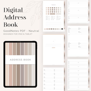 Puede incluir: Una plantilla de agenda de direcciones digital para GoodNotes, diseñada para iPad y tableta. La portada presenta una paleta de colores neutros con una variedad de tonos marrones y beige. La plantilla incluye un índice, una sección para direcciones y una sección para notas.