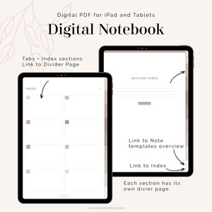 Puede incluir: Plantilla de cuaderno digital para iPad y tabletas. La plantilla incluye pesta&ntilde;as, secciones de &iacute;ndice y enlaces a p&aacute;ginas de separaci&oacute;n. La imagen muestra una secci&oacute;n con un enlace a la descripci&oacute;n general de las plantillas de notas y un enlace al &iacute;ndice.