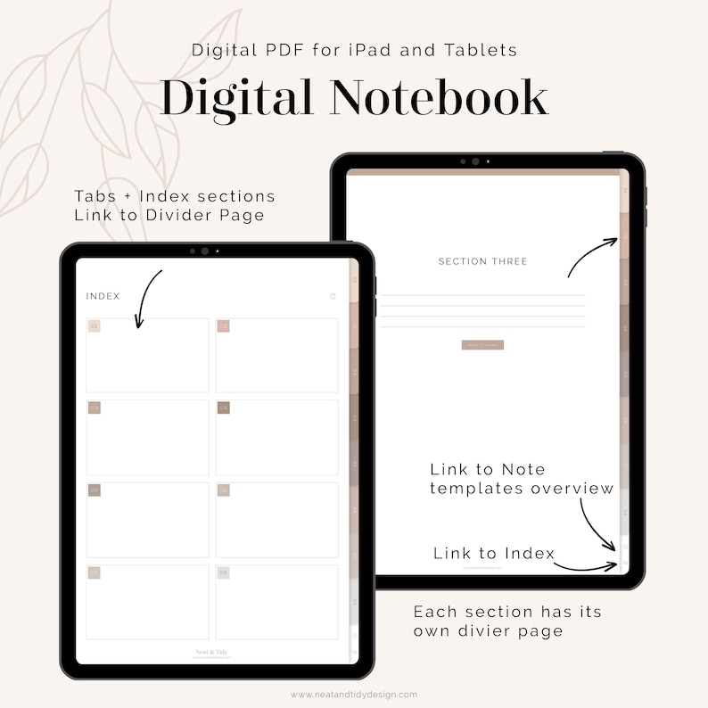 Puede incluir: Plantilla de cuaderno digital para iPad y tabletas. La plantilla incluye pesta&ntilde;as, secciones de &iacute;ndice y enlaces a p&aacute;ginas de separaci&oacute;n. La imagen muestra una secci&oacute;n con un enlace a la descripci&oacute;n general de las plantillas de notas y un enlace al &iacute;ndice.
