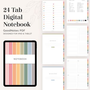Digital anteckningsbok med 24 flikar för GoodNotes (stående) - 24 hyperlänkade flikar - Digital färgglad regnbågsfärgad flexibel journal - direkt nedladdning
