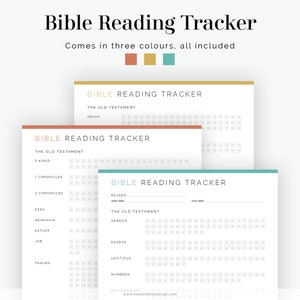 Puede incluir: Tres hojas de seguimiento de lectura de la Biblia imprimibles en diferentes colores: coral, dorado y verde azulado. Cada hoja presenta una cuadr&iacute;cula para realizar un seguimiento del progreso de la lectura diaria a trav&eacute;s de los libros del Antiguo Testamento. El texto "Bible Reading Tracker" aparece en la parte superior de cada hoja.