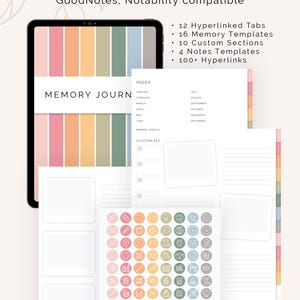 May include: A digital memory journal with a pastel color scheme. The journal has 12 hyperlinked tabs, 16 memory templates, 10 custom sections, 4 notes templates, and 100+ hyperlinks. The journal is compatible with GoodNotes and Notability.