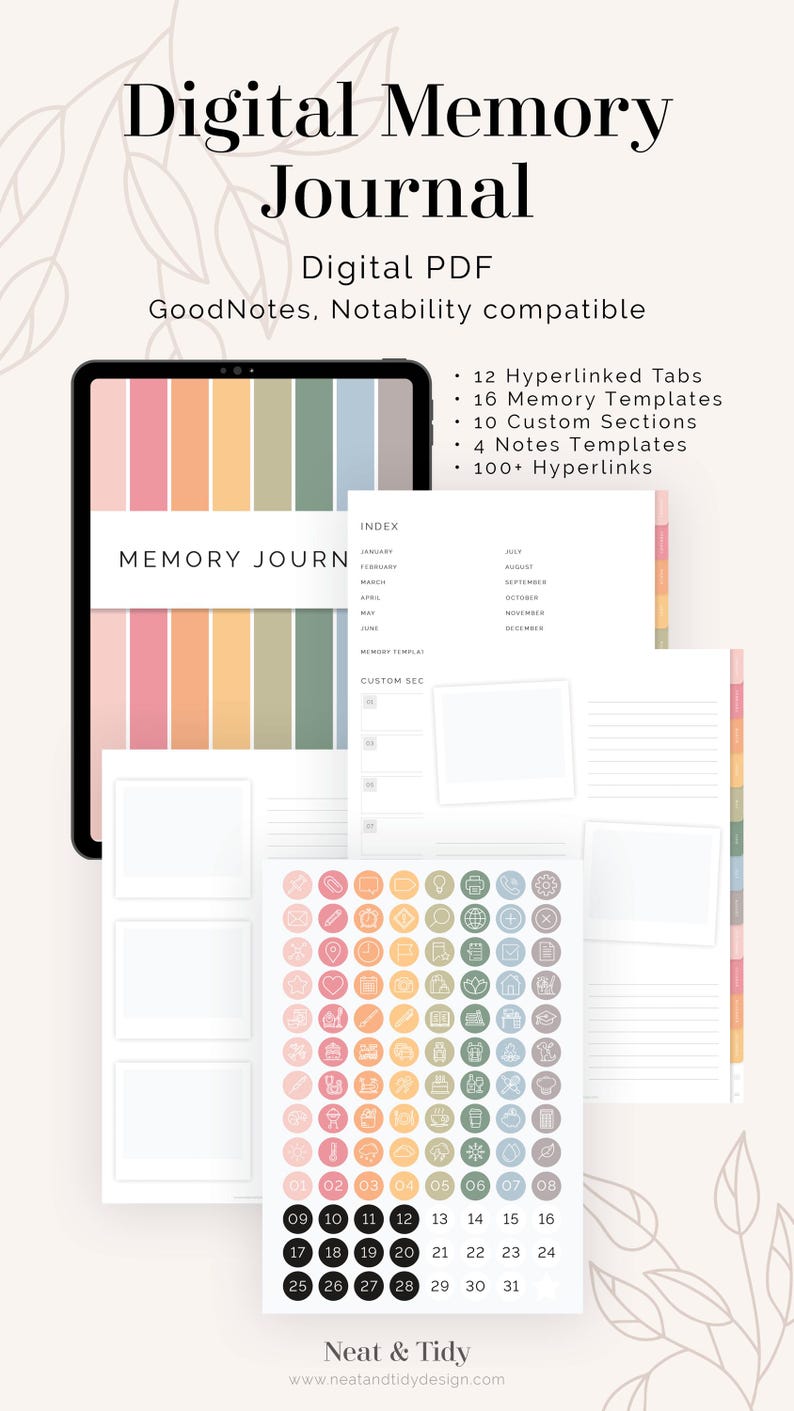 May include: A digital memory journal with a pastel color scheme. The journal has 12 hyperlinked tabs, 16 memory templates, 10 custom sections, 4 notes templates, and 100+ hyperlinks. The journal is compatible with GoodNotes and Notability.