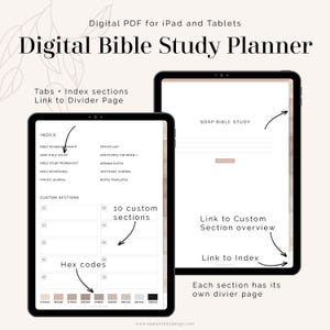 K&ouml;nnte beinhalten: Digitaler Bibelstudienplaner f&uuml;r iPad und Tablets. Der Planer verf&uuml;gt &uuml;ber Registerkarten, Indexabschnitte und benutzerdefinierte Abschnitte. Jeder Abschnitt hat seine eigene Trennseite. Der Planer enth&auml;lt eine Farbpalette mit Hex-Codes.