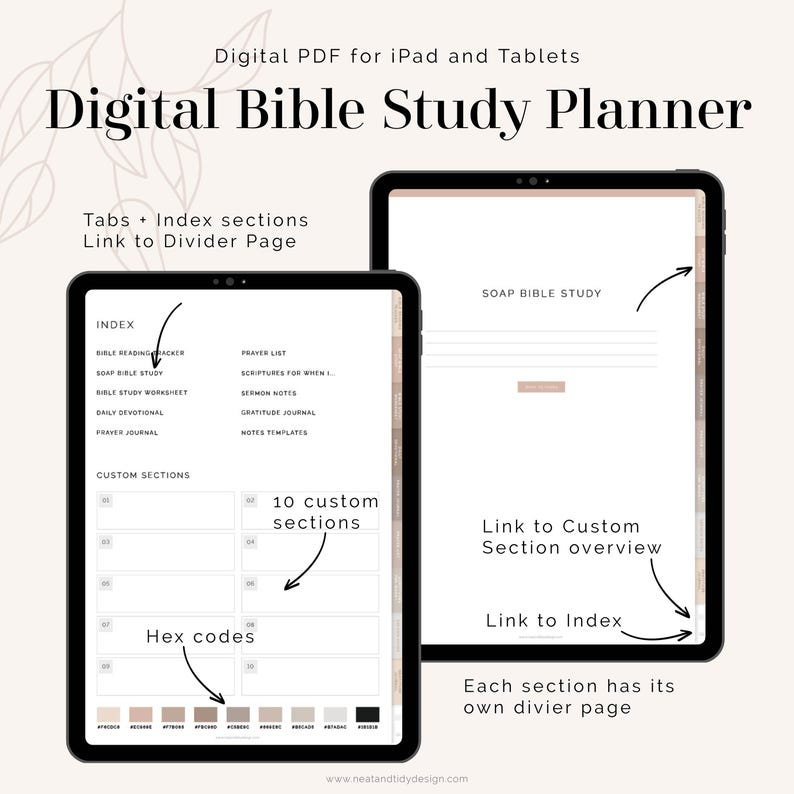 K&ouml;nnte beinhalten: Digitaler Bibelstudienplaner f&uuml;r iPad und Tablets. Der Planer verf&uuml;gt &uuml;ber Registerkarten, Indexabschnitte und benutzerdefinierte Abschnitte. Jeder Abschnitt hat seine eigene Trennseite. Der Planer enth&auml;lt eine Farbpalette mit Hex-Codes.