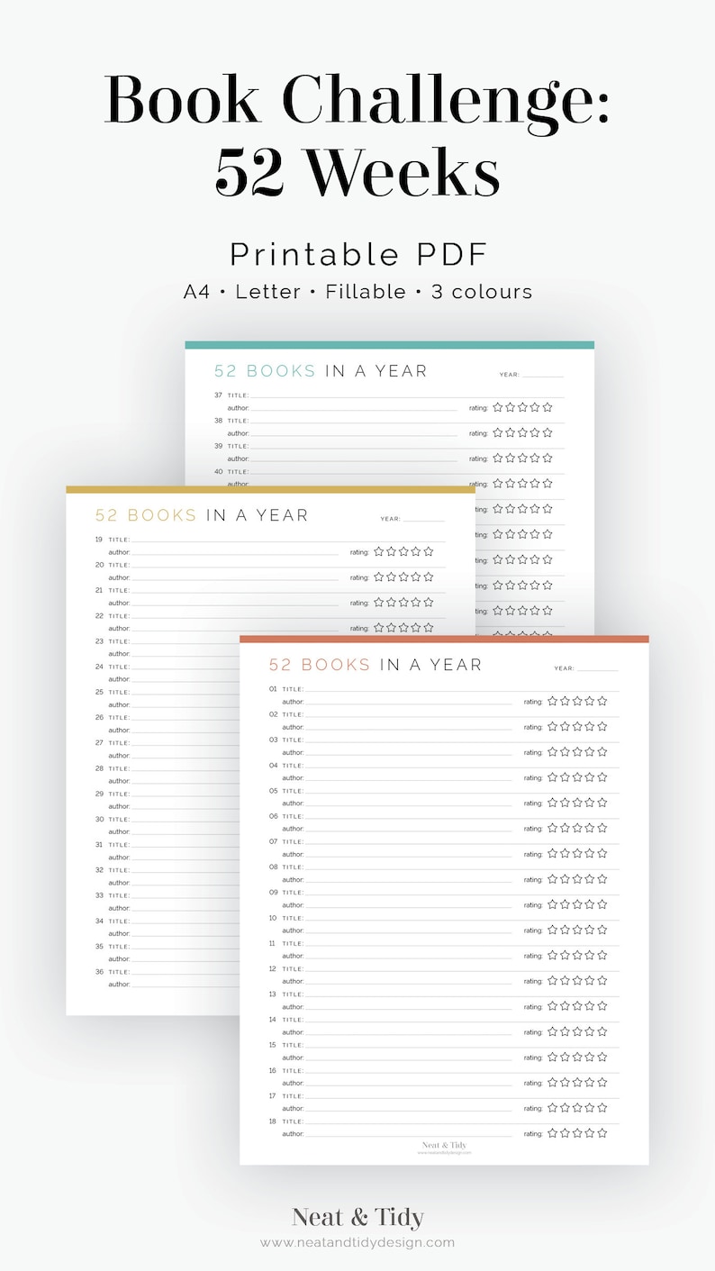 Reading Challenge 52 Books in a Year Fillable Printable Etsy